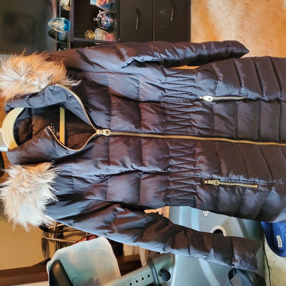 Women's Black Puffer Jacket with Faux Fur Hood